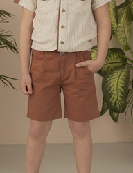 Brown Gabardine Flat-Front Boy Shorts - Thumbnail