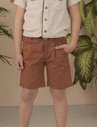 Brown Gabardine Flat-Front Boy Shorts - 1