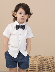 Button-Front Short Sleeve White Boy Shirt - 1