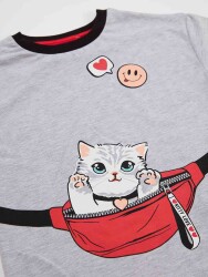 Çantada Kedi Kız Çocuk T-Shirt Pantolon Takım - 5