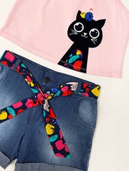 Cat in Flowers Girl Top&Denim Shorts Set - Thumbnail