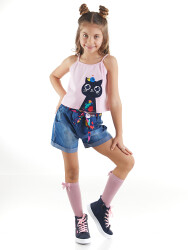 Cat in Flowers Girl Top&Denim Shorts Set - 1