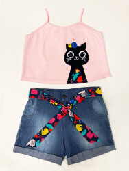 Cat in Flowers Girl Top&Denim Shorts Set - 2