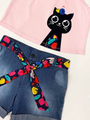 Cat in Flowers Girl Top&Denim Shorts Set - 4