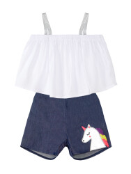 Chic Unicorn Girl Blouse&Denim Shorts Set - 3