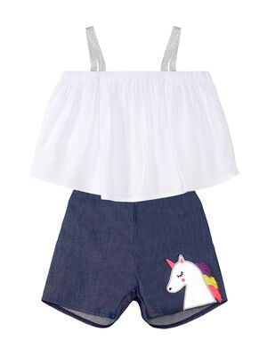 Chic Unicorn Girl Blouse&Denim Shorts Set