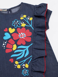 Çiçek Baskılı Kız Çocuk Denim Elbise - Thumbnail