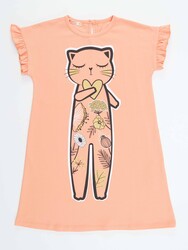 Çiçekli Kedi Pamuklu Kız Çocuk Somon Elbise - Thumbnail