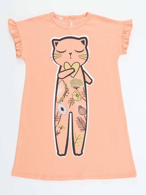 Çiçekli Kedi Pamuklu Kız Çocuk Somon Elbise