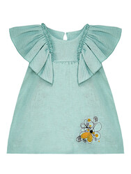 Çiçekli Kız Bebek Çocuk Yeşil Müslin Elbise - Thumbnail