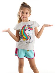 Çiçekli Unicorn Kız T-Shirt Şort Takım - Thumbnail