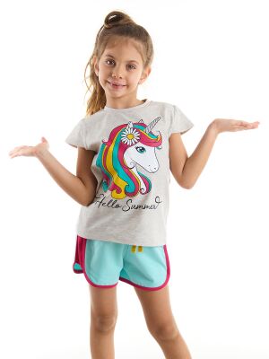 Çiçekli Unicorn Kız T-Shirt Şort Takım - 1