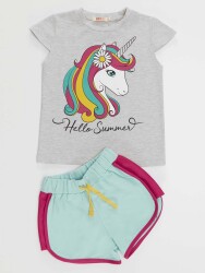 Çiçekli Unicorn Kız T-Shirt Şort Takım - 3