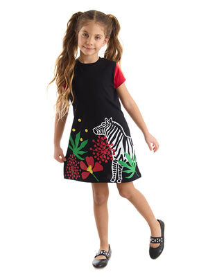 Çiçekli Zebra Pamuklu Kız Çocuk Siyah Elbise