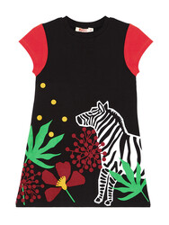 Çiçekli Zebra Pamuklu Kız Çocuk Siyah Elbise - Thumbnail