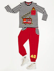 Çizgili İtfaiye Erkek Çocuk T-shirt Pantolon Takım - Thumbnail