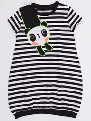 Çizgili Panda Kız Çocuk Siyah Beyaz Elbise - Thumbnail