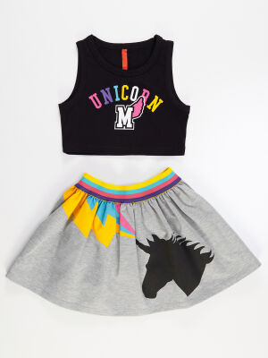 Colorful Unicorn Kız Çocuk T-shirt Etek Takım - 3