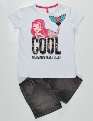 Cool Mermaid Kız Çocuk T-shirt Denim Şort Takım - 3