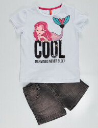 Cool Mermaid Kız Çocuk T-shirt Denim Şort Takım - 5