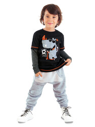 Cool Rhino Boy Black T-shirt and Grey Pants Set - Thumbnail