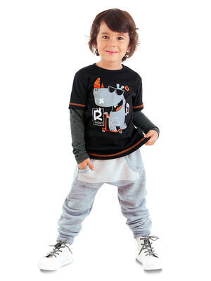 Cool Rhino Boy Black T-shirt and Grey Pants Set