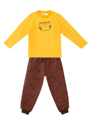 Cute Cat Baby Boy Mustard T-shirt and Pants Set - 1