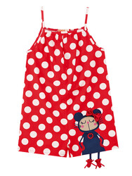Cute Dots Poplin Girl Red Overall - Thumbnail