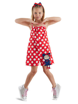 Cute Dots Poplin Girl Red Overall - 1