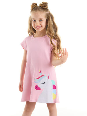 Cute Unicorn Pamuklu Kız Çocuk Pembe Elbise - 1