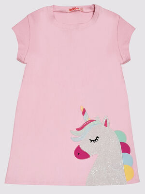 Cute Unicorn Pamuklu Kız Çocuk Pembe Elbise - 3