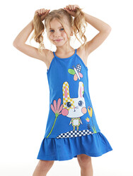 Damalı Tavşan Kız Çocuk Mavi Elbise - Thumbnail