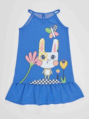 Damalı Tavşan Kız Çocuk Mavi Elbise