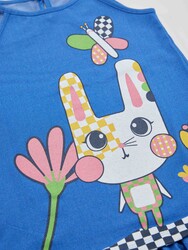 Damalı Tavşan Kız Çocuk Mavi Elbise - Thumbnail