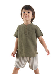 Erkek Bebek Çocuk Yeşil Müslin Şort Gömlek Takım - Thumbnail