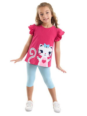 Fırfırlı Kedicik Kız Çocuk T-shirt Tayt Takım