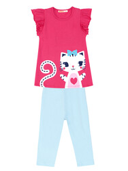 Fırfırlı Kedicik Kız Çocuk T-shirt Tayt Takım - Thumbnail
