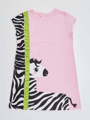 Fırfırlı Zebra Kız Çocuk Pembe Yazlık Elbise - 3