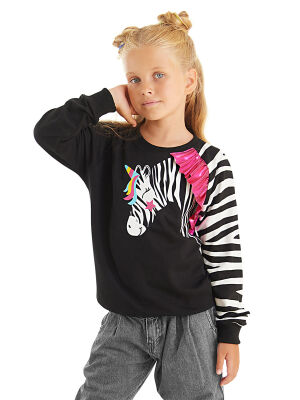 Fırfırlı Zebra Kız Çocuk Siyah Uzun Kollu Sweatshirt - 1