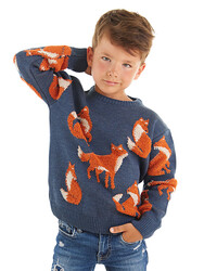 Fox Boy Navy Blue Knit Pullover Sweater - Thumbnail