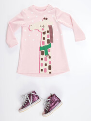 Giraffe Pink Girl Dress - Thumbnail