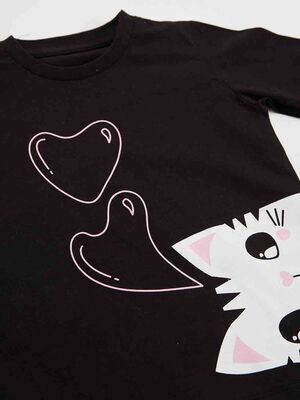 Kalpli Kedi Kız Çocuk T-Shirt Pantolon Takım