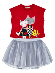 Kanka Kediler Kız Çocuk T-shirt Tüllü Tütü Etek Takım - Thumbnail