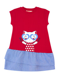 Kedi Fırfırlı Kırmızı Kız Çocuk Elbise - Thumbnail