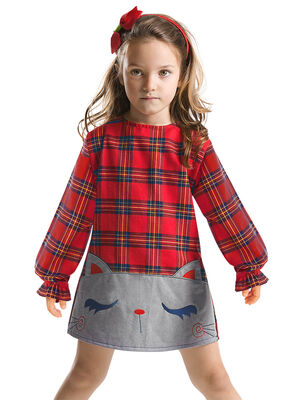 Kırmızı Ekose Kedicik Kız Çocuk Elbise
