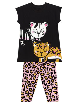 Leopar ve Zebra Kız Çocuk Tunik Tayt Takım