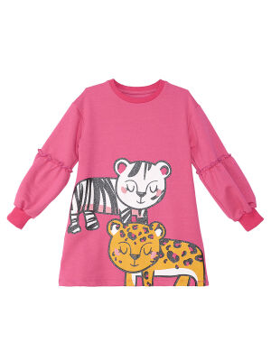 Leopar Zebra Kız Çocuk Pembe Balon Kollu Elbise - 3