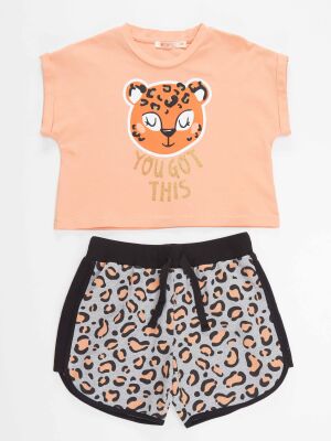 Leopard Girl Salmon T-shirt&Shorts Set - 3