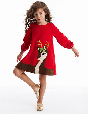 Little Deer Girl Red Velvet Xmas Dress - 1