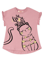 Fırfırlı Love Cat Pembe Siyah Kız Çocuk Yazlık T-shirt Tayt Takım - 5